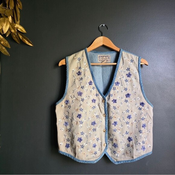 Vintage Tantrum Blues Earthy Foliage Flower Embroidered Denim Vest M Cotton - Picture 1 of 7